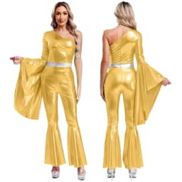 Women Metallic Shiny 70s 80s Hippie Costume Jazz Disco Dance Jumpsuit Sequin Tassels One Shoulder Bell Bottom Bodysuit Rompers