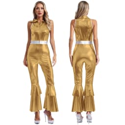 Women Metallic Shiny 70s 80s Hippie Costume Jazz Disco Dance Jumpsuit Sequin Tassels One Shoulder Bell Bottom Bodysuit Rompers