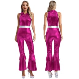 Women Metallic Shiny 70s 80s Hippie Costume Jazz Disco Dance Jumpsuit Sequin Tassels One Shoulder Bell Bottom Bodysuit Rompers