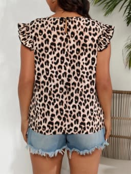 GIBSIE Plus Size Leopard Print O-Neck Ruffle Sleeve Top Women 2026 Summer New Casual Holiday Style Fashion Loose Shirt Blouses