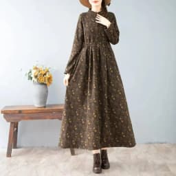 Artistic Retro style Autumn Winter New Women's Thick Floral Dress With Added velvet Cinched waist Slimming Big swing Long Dress