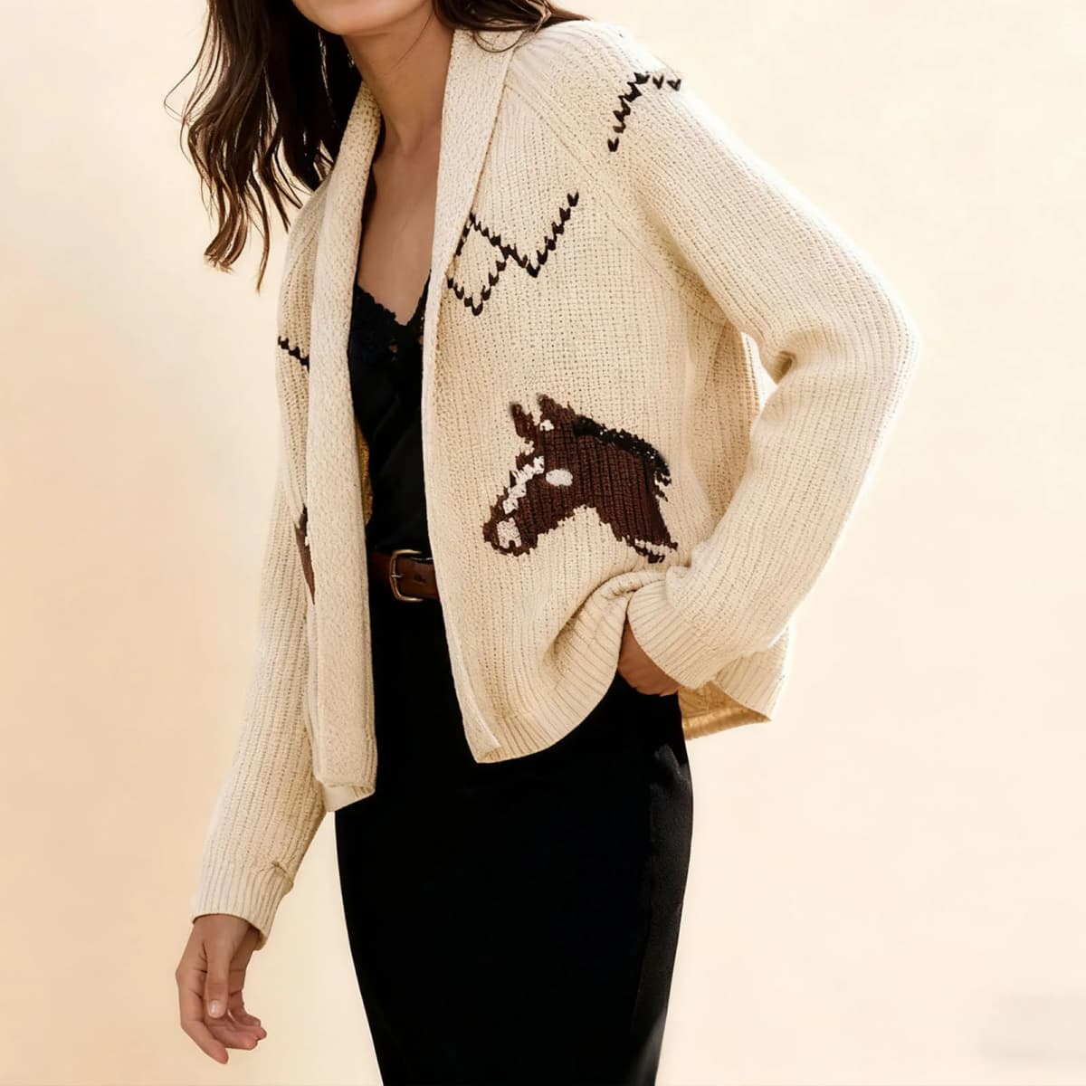 Women’s Knit Cardigan Fashionable Sailboat Horse Pattern Loose Fit Long Sleeve V Neck Open Front Lightweight Sweater