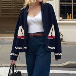 Women’s Knit Cardigan Fashionable Sailboat Horse Pattern Loose Fit Long Sleeve V Neck Open Front Lightweight Sweater