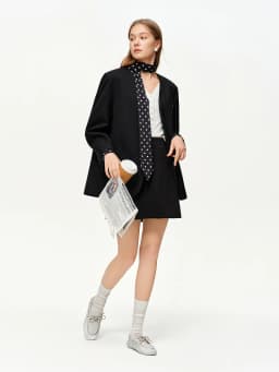 DUSHU 2025 Women's Black Polka Dot Blazer Spring New V-Neck Ribbon Bow Tie Long Sleeve Slim Jacket Retro Office Chic Outerwear