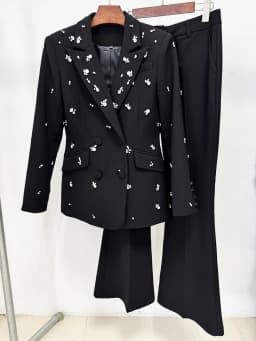 HIGH STREET Newest 2026 Stylish Designer Suit Set Women's Diamonds Beaded Blazer Pants Set 2pcs