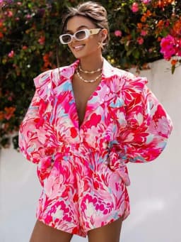 Oymimi Elegant Pink Print 2 Pieces Set For Woman Fashion Lapel Long Sleeve Ruffled Button Shirts And High Waisted Shorts Sets