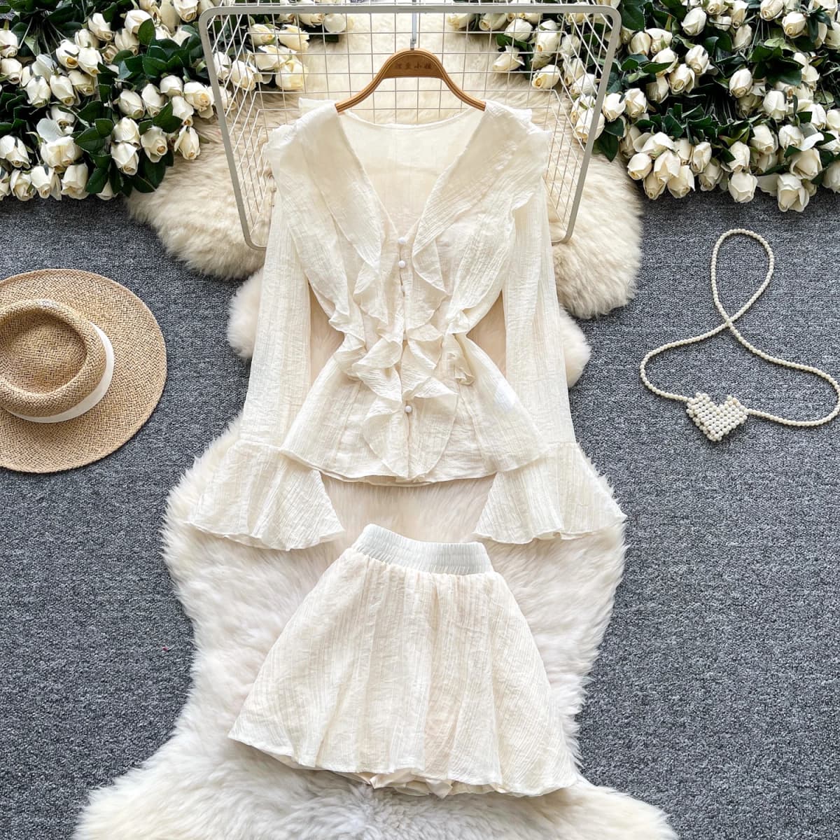 Chic vintage ruffle chiffon long sleeve Elegant Fairy korean fashion  women clothing Two Piece Set
