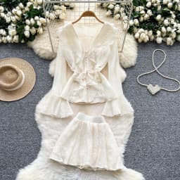 Chic vintage ruffle chiffon long sleeve Elegant Fairy korean fashion  women clothing Two Piece Set