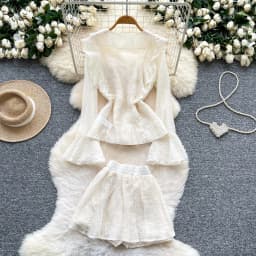 Chic vintage ruffle chiffon long sleeve Elegant Fairy korean fashion  women clothing Two Piece Set