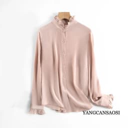 Women's Spring/Autumn New Palace Style 100% Natural Mulberry Silk 03 Crepe De Chine French Solid Long Sleeve Petal Collar Shirt
