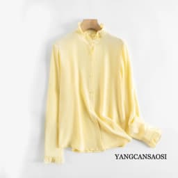 Women's Spring/Autumn New Palace Style 100% Natural Mulberry Silk 03 Crepe De Chine French Solid Long Sleeve Petal Collar Shirt