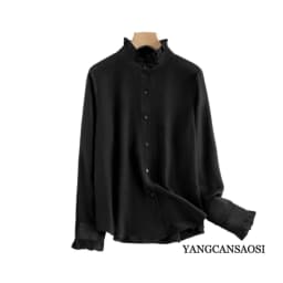 Women's Spring/Autumn New Palace Style 100% Natural Mulberry Silk 03 Crepe De Chine French Solid Long Sleeve Petal Collar Shirt