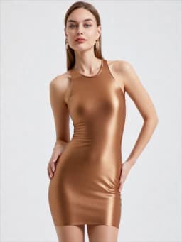 Women's Shiny Smooth Sleeveless Tank Top Round Neck Slim Fit Hip Warp Dress One-Step Tight Sheath Skirt Glossy Solid Color MJINM