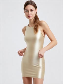 Women's Shiny Smooth Sleeveless Tank Top Round Neck Slim Fit Hip Warp Dress One-Step Tight Sheath Skirt Glossy Solid Color MJINM