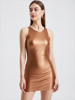 Women's Shiny Smooth Sleeveless Tank Top Round Neck Slim Fit Hip Warp Dress One-Step Tight Sheath Skirt Glossy Solid Color MJINM
