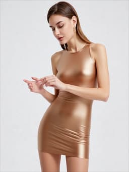 Women's Shiny Smooth Sleeveless Tank Top Round Neck Slim Fit Hip Warp Dress One-Step Tight Sheath Skirt Glossy Solid Color MJINM