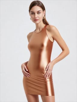 Women's Shiny Smooth Sleeveless Tank Top Round Neck Slim Fit Hip Warp Dress One-Step Tight Sheath Skirt Glossy Solid Color MJINM