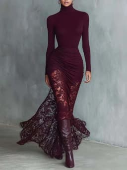 Autumn Turtleneck Long Sleeve Mermaid Dress Women Elegant Lace Hem Bodycon Midi Dresses Party Evening Outfit 2027
