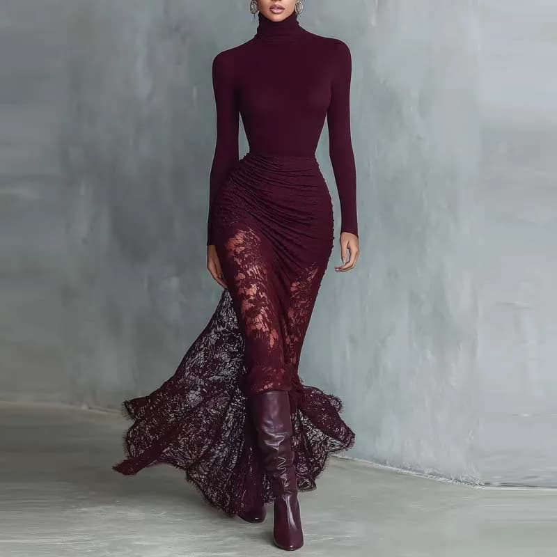 Autumn Turtleneck Long Sleeve Mermaid Dress Women Elegant Lace Hem Bodycon Midi Dresses Party Evening Outfit 2027