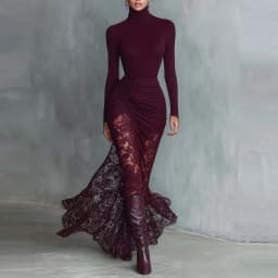 Autumn Turtleneck Long Sleeve Mermaid Dress Women Elegant Lace Hem Bodycon Midi Dresses Party Evening Outfit 2027
