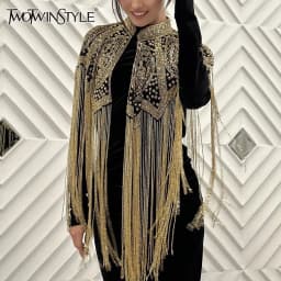 TWOTWINSTYLE Chic Formal Ceremonies Gold Fringe Cape for Women Stand Collar Luxury Beading Decoration for Red Carpet Gala Events