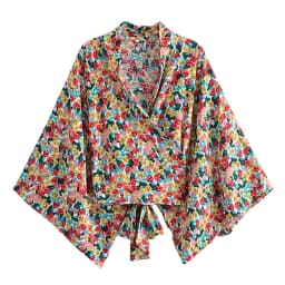 Floral Print Sashes Short Kimono Top Women Fashion V Neck Batwing Sleeve Shirt Blouse Lace Up Bohemian Hoodie Beach Bikini Cover