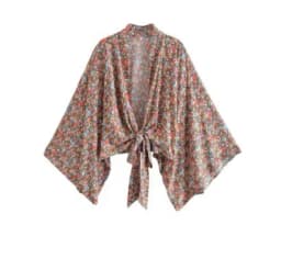 Floral Print Sashes Short Kimono Top Women Fashion V Neck Batwing Sleeve Shirt Blouse Lace Up Bohemian Hoodie Beach Bikini Cover