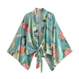 Floral Print Sashes Short Kimono Top Women Fashion V Neck Batwing Sleeve Shirt Blouse Lace Up Bohemian Hoodie Beach Bikini Cover