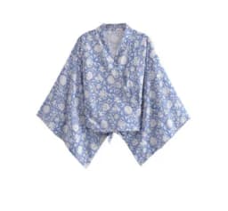 Floral Print Sashes Short Kimono Top Women Fashion V Neck Batwing Sleeve Shirt Blouse Lace Up Bohemian Hoodie Beach Bikini Cover