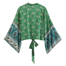 Floral Print Sashes Short Kimono Top Women Fashion V Neck Batwing Sleeve Shirt Blouse Lace Up Bohemian Hoodie Beach Bikini Cover