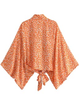 Floral Print Sashes Short Kimono Top Women Fashion V Neck Batwing Sleeve Shirt Blouse Lace Up Bohemian Hoodie Beach Bikini Cover