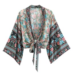 Floral Print Sashes Short Kimono Top Women Fashion V Neck Batwing Sleeve Shirt Blouse Lace Up Bohemian Hoodie Beach Bikini Cover