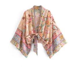 Floral Print Sashes Short Kimono Top Women Fashion V Neck Batwing Sleeve Shirt Blouse Lace Up Bohemian Hoodie Beach Bikini Cover