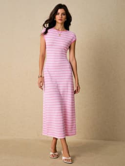 Elegant Sleeveless Knit Women's Long Dress with Round Neck and Color - Blocked Stripes for Fashionable and Casual Wear