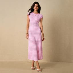 Elegant Sleeveless Knit Women's Long Dress with Round Neck and Color - Blocked Stripes for Fashionable and Casual Wear