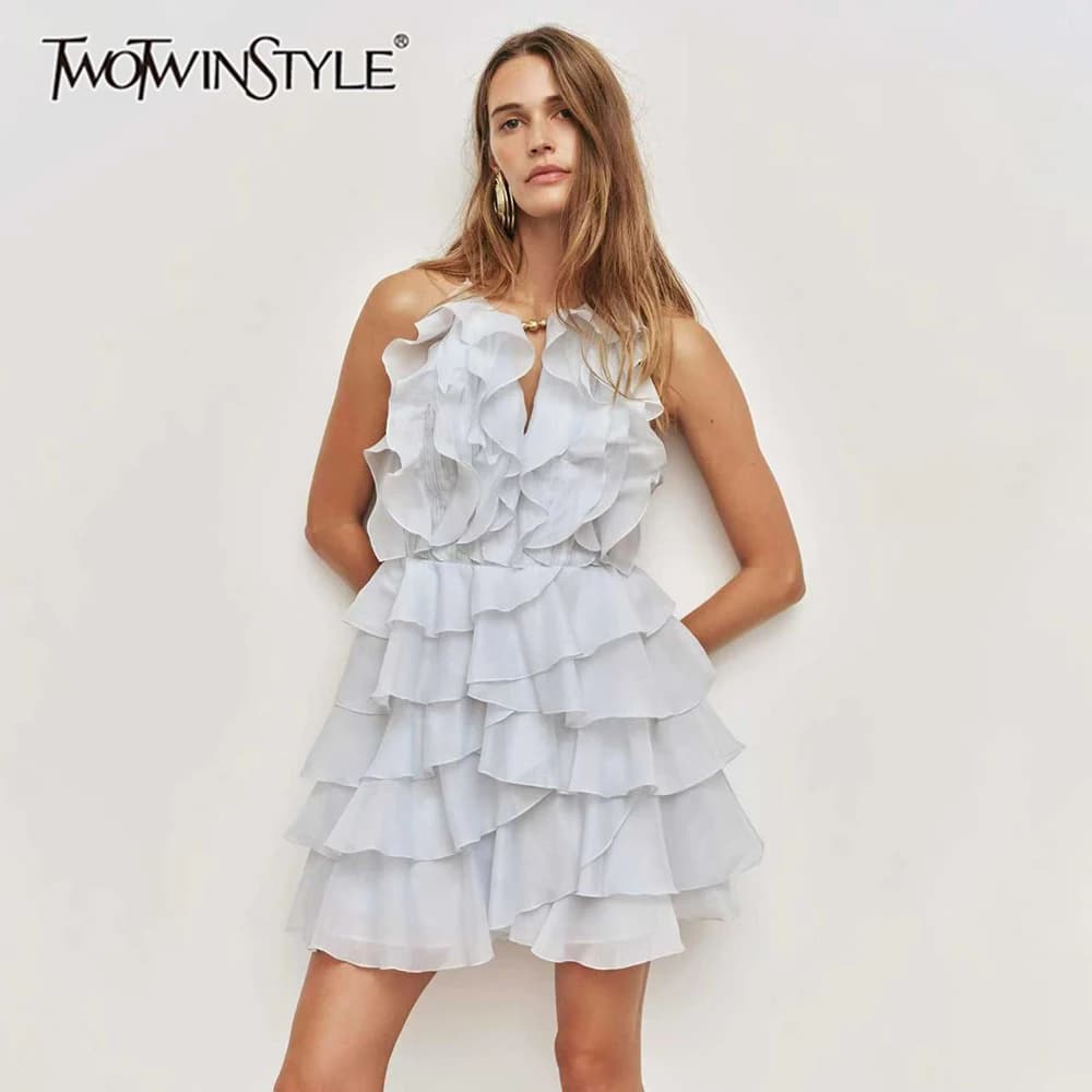 TWOTWINSTYLE Solid Loose Spliced Ruffles Chic Dresses for Women V Neck Sleeveless French Vacation Dress Female Summer Fashion