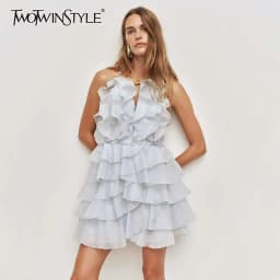 TWOTWINSTYLE Solid Loose Spliced Ruffles Chic Dresses for Women V Neck Sleeveless French Vacation Dress Female Summer Fashion