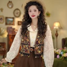 Women Vintage Boho Ethnic Floral Printed Vest Spring Fall V-neck Tassel Cropped Sleeveless Casual Waistcoat for Daily Outfit