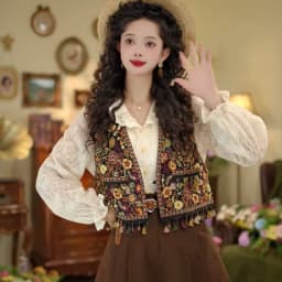 Women Vintage Boho Ethnic Floral Printed Vest Spring Fall V-neck Tassel Cropped Sleeveless Casual Waistcoat for Daily Outfit
