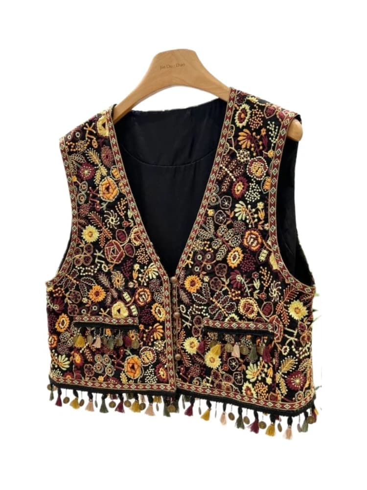 Women Vintage Boho Ethnic Floral Printed Vest Spring Fall V-neck Tassel Cropped Sleeveless Casual Waistcoat for Daily Outfit