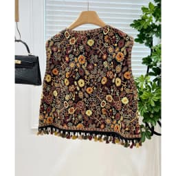Women Vintage Boho Ethnic Floral Printed Vest Spring Fall V-neck Tassel Cropped Sleeveless Casual Waistcoat for Daily Outfit