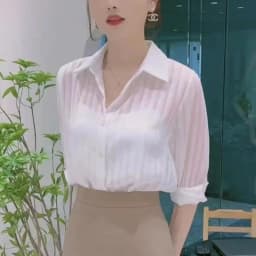 See Through Black Striped Shirts Women Spring Summer Casual Long Sleeve Y2k Blusas Sexy Ladies White Chiffon Tops and Blouses
