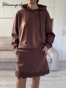 Streamgirl Brown Hoodies With Lace Women Oversize Plain Spring Elegant Butter Yellow Hooded Sweatshirts For Women Oversized