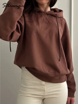 Streamgirl Brown Hoodies With Lace Women Oversize Plain Spring Elegant Butter Yellow Hooded Sweatshirts For Women Oversized