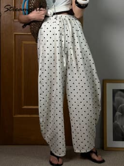 Black Polka Dot Linen Pants Women Wide Leg Summer Trousers Baggy For Ladies White Oversize Cotton Linen Pants Woman Wide