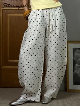 Black Polka Dot Linen Pants Women Wide Leg Summer Trousers Baggy For Ladies White Oversize Cotton Linen Pants Woman Wide