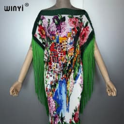 WINYI Summer Pleated Fringed Maxi Dress Women Crumple Design Loose Boho Robe Holiday Fashion Evening Dress Abaya Dubai Luxury