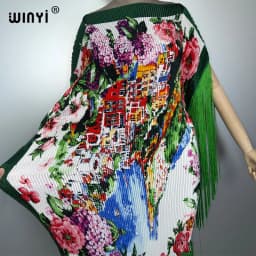WINYI Summer Pleated Fringed Maxi Dress Women Crumple Design Loose Boho Robe Holiday Fashion Evening Dress Abaya Dubai Luxury
