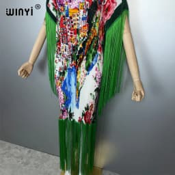 WINYI Summer Pleated Fringed Maxi Dress Women Crumple Design Loose Boho Robe Holiday Fashion Evening Dress Abaya Dubai Luxury