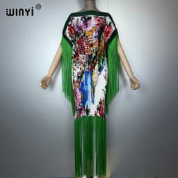 WINYI Summer Pleated Fringed Maxi Dress Women Crumple Design Loose Boho Robe Holiday Fashion Evening Dress Abaya Dubai Luxury